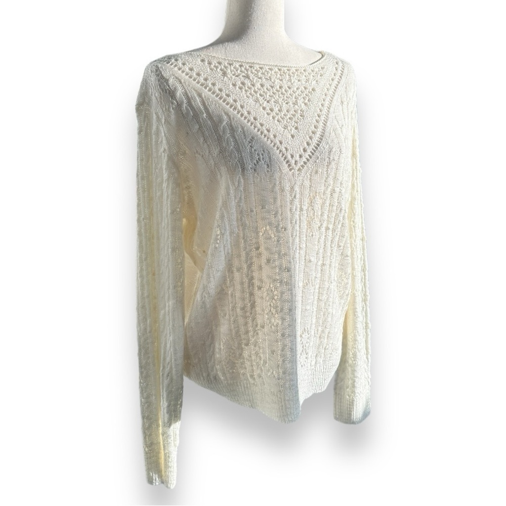 Cream Soft Sheer Cable Knit Sweater - Picture 12 of 14